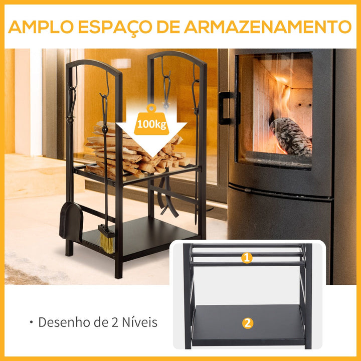 Suporte para Lenha de 2 Níveis Porta Lenha Exterior e Interior Metálico com 4 Ferramentas para Lareira Carga Máx. 100kg 40x30x74,5cm Preto