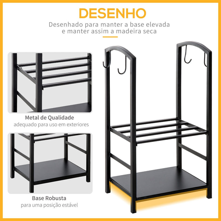 Suporte para Lenha de 2 Níveis Porta Lenha Exterior e Interior Metálico com 4 Ferramentas para Lareira Carga Máx. 100kg 40x30x74,5cm Preto
