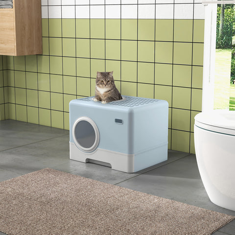 Caixa de Areia para Gatos Sanita para Animais de Estimação com Pá Bandeja Removível 2 Portas Entrada Frontal e Saída Superior 52x41x38,5 cm Azul Claro