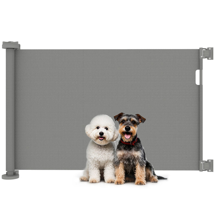Barreira de Segurança para Cães Retrátil 0-136 cm Barreira para Cães Pequenos Extensível com Botão de Fecho Porta de Segurança para Corredores Escadas Interiores e Exteriores Cinzento