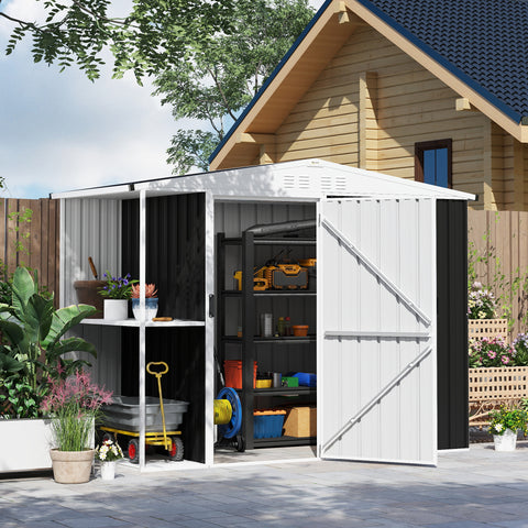 Abrigo de Jardim 2,7m² 245x117x180 cm Abrigo de Exterior com Prateleira de 2 Níveis 4 Ventilações e Porta com Fechadura Abrigo para Terraço Pátio Cinzento Escuro