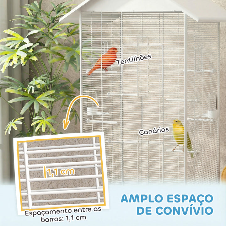 Gaiola para Pássaros com Rodas Gaiola Metálica com Bandeja Amovível 4 Portas 2 Comedouros e 8 Poleiros para Canários Periquitos 79x65x155 cm Branco