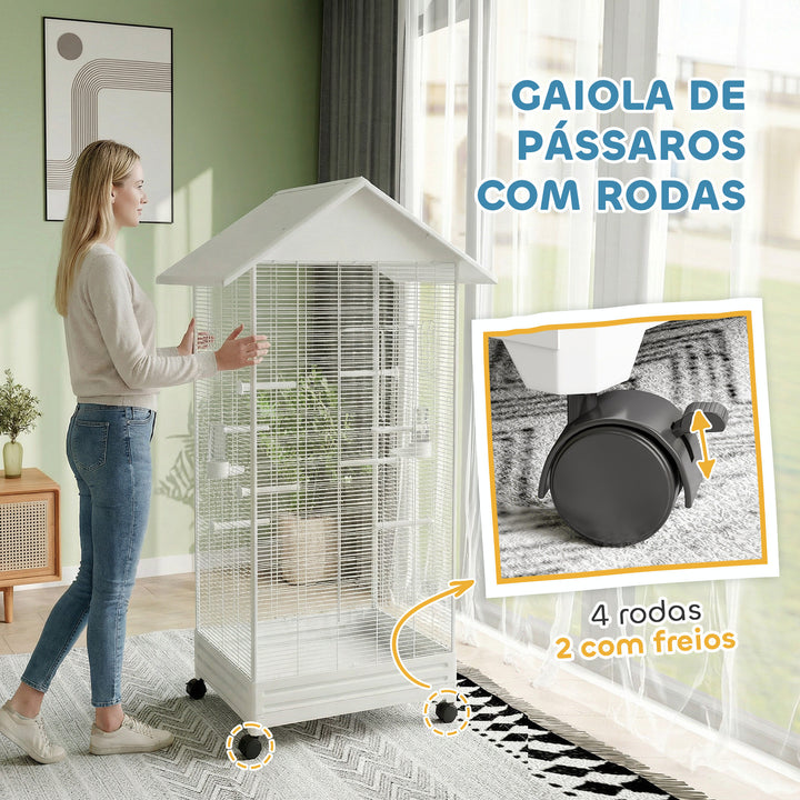 Gaiola para Pássaros com Rodas Gaiola Metálica com Bandeja Amovível 4 Portas 2 Comedouros e 8 Poleiros para Canários Periquitos 79x65x155 cm Branco
