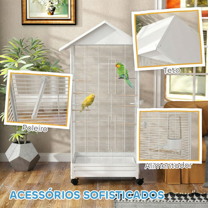 Gaiola para Pássaros com Rodas Gaiola Metálica com Bandeja Amovível 4 Portas 2 Comedouros e 8 Poleiros para Canários Periquitos 79x65x155 cm Branco