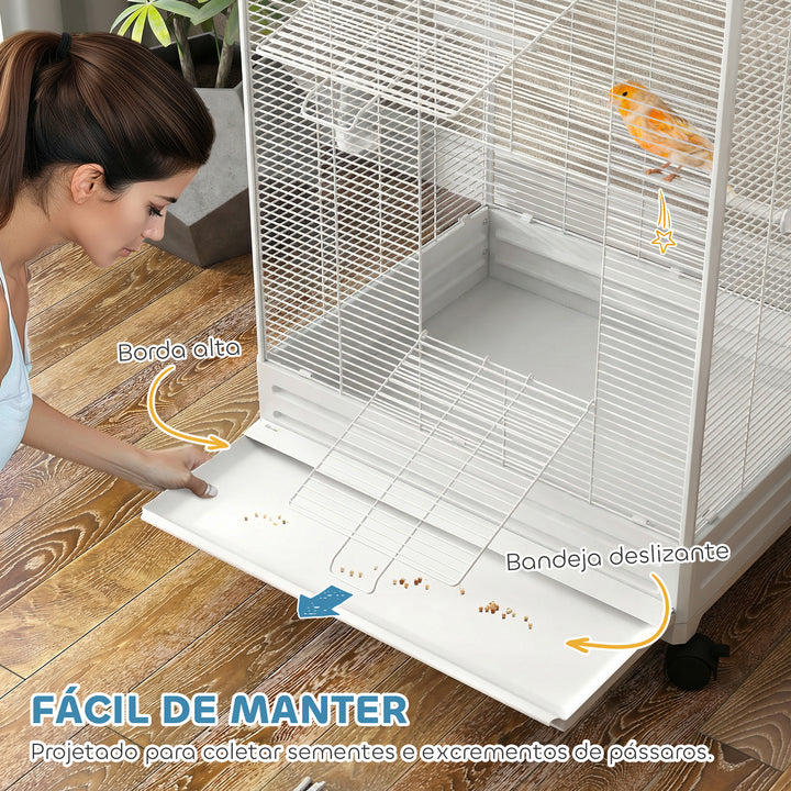 Gaiola para Pássaros com Rodas Gaiola Metálica com Bandeja Amovível 4 Portas 2 Comedouros e 8 Poleiros para Canários Periquitos 79x65x155 cm Branco