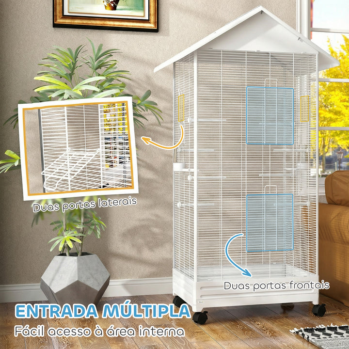 Gaiola para Pássaros com Rodas Gaiola Metálica com Bandeja Amovível 4 Portas 2 Comedouros e 8 Poleiros para Canários Periquitos 79x65x155 cm Branco
