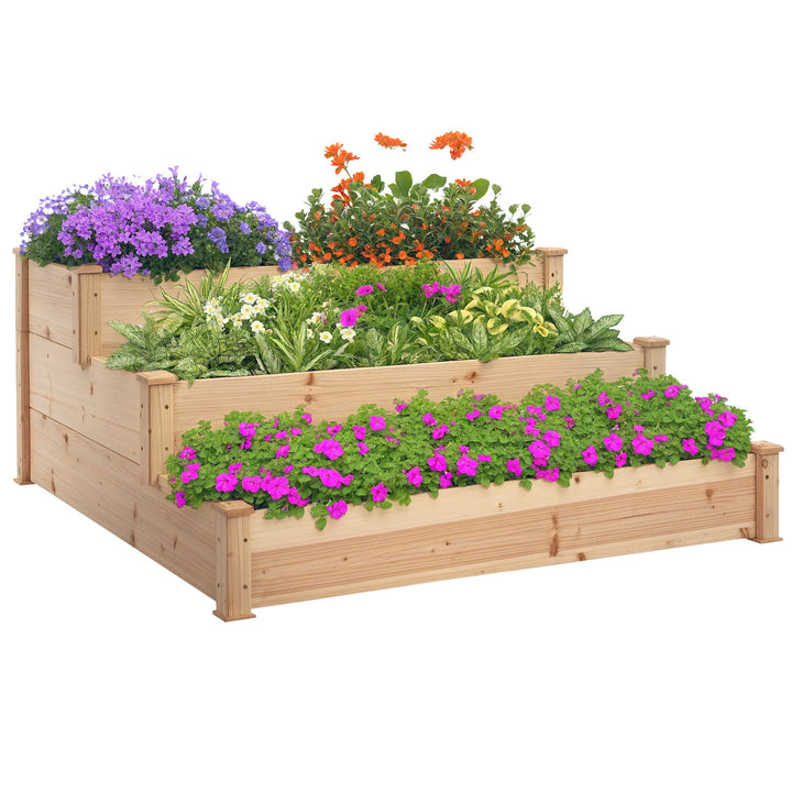 Caixa de Plantio de Madeira Caixa de Plantio de Jardim com 3 Níveis Desenho de Escada Horta para Cultivos de Plantas Flores para Pátio Varanda 120x120x56 cm Madeira