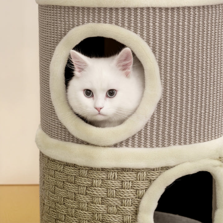 Arranhador em Forma de Cilindro para Gatos com 3 Níveis Plataforma e Caverna Confortável 37,5x37,5x70 cm Caqui e Bege