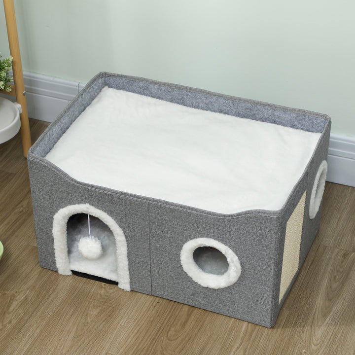 Casa Dobrável para Gatos, Cama para Gatos com Arranhador, 3 Entradas, Bola Suspensa, Almofada Reversível em Pelúcia e Tipo Linho, para Interior, 60x40x34 cm, Cinzento