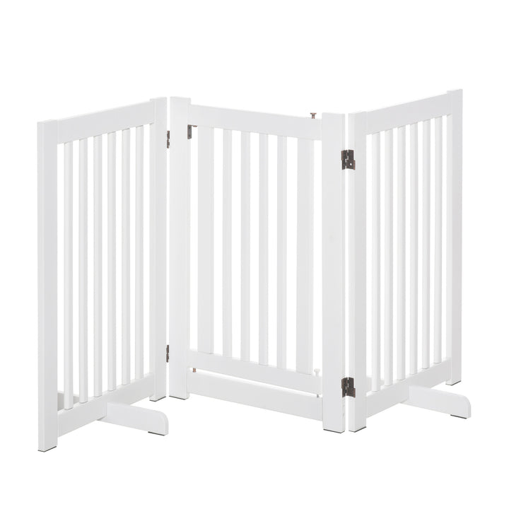 Barreira para Cães de Madeira Barreira para Animais de Estimação Dobrável de 3 Painéis com 1 Porta e Pés de Apoio para Corredor Escada 155x35,5x76 cm Branco