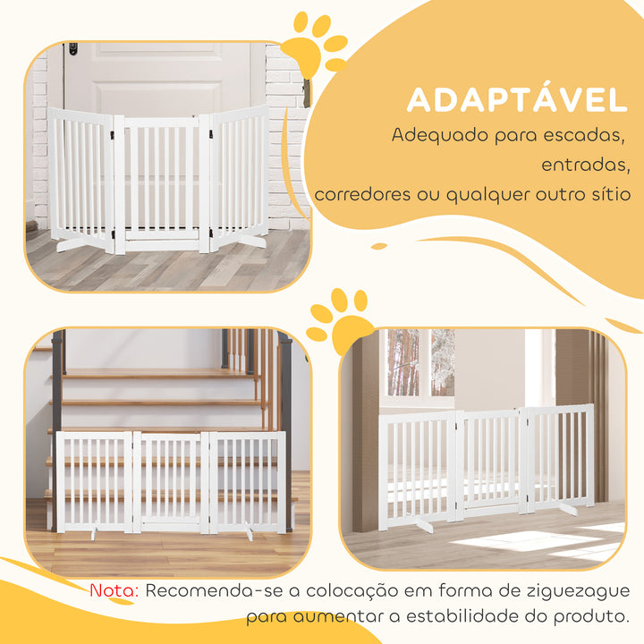 Barreira para Cães de Madeira Barreira para Animais de Estimação Dobrável de 3 Painéis com 1 Porta e Pés de Apoio para Corredor Escada 155x35,5x76 cm Branco