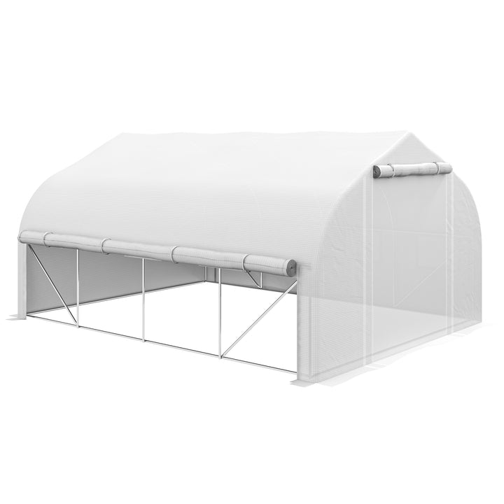 Estufa Tipo Túnel 395x300x200 cm com Porta de Malha e 8 Janelas Estufa de Jardim com Porta e Janelas Enroláveis e Cobertura de PE para Cultivos de Plantas Verduras Branco