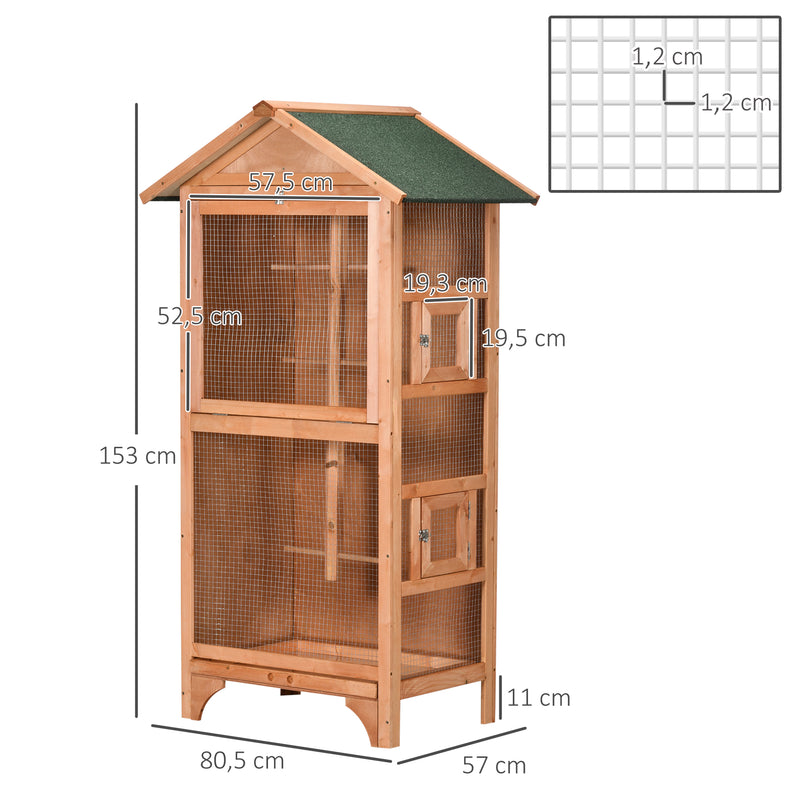 Gaiola para Pássaros Gaiola para Pássaros de Madeira com 3 Portas 4 Poleiros Bandeja Amovível e Teto Asfáltico 80,5x57x153 cm Natural