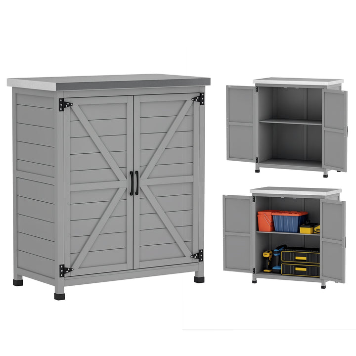 Armário de Exterior em Madeira Armário de Jardim com Tampo de Aço Galvanizado Prateleira 2 Portas Abrigo de Jardim para Armazenamento de Ferramentas 79x43x92 cm Cinza