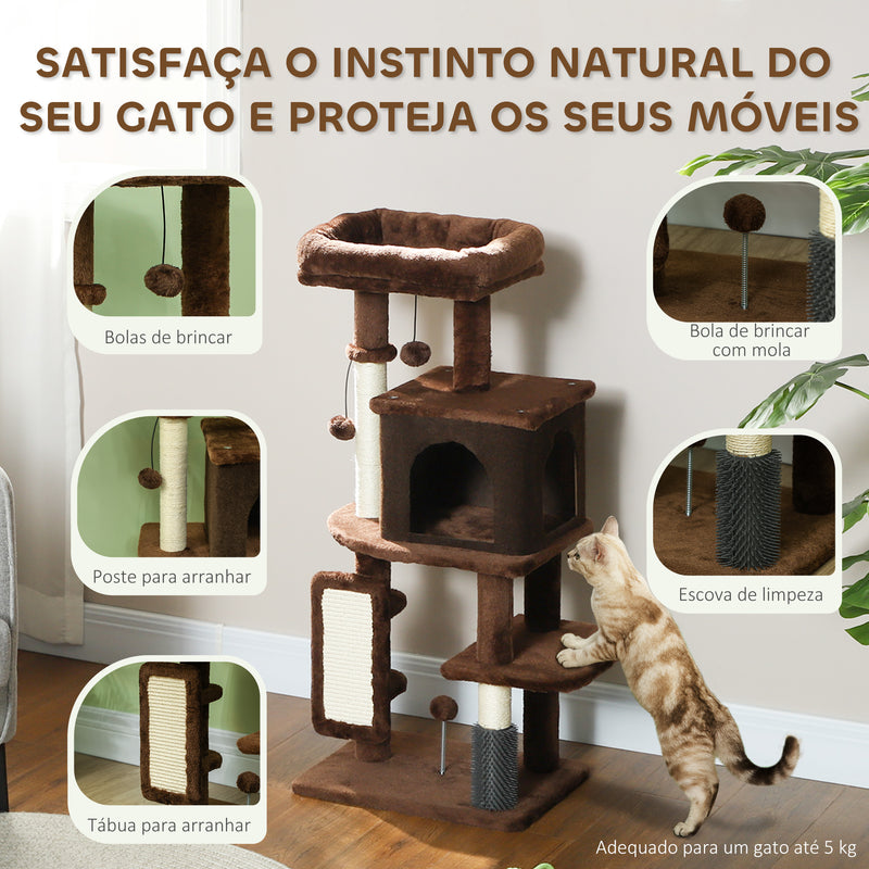 Arranhador para Gatos Grande Altura 104 cm Arranhador para Gatos com Plataformas Postes com Escova Bolas Suspensas e Almofadas para Arranhar Marrom