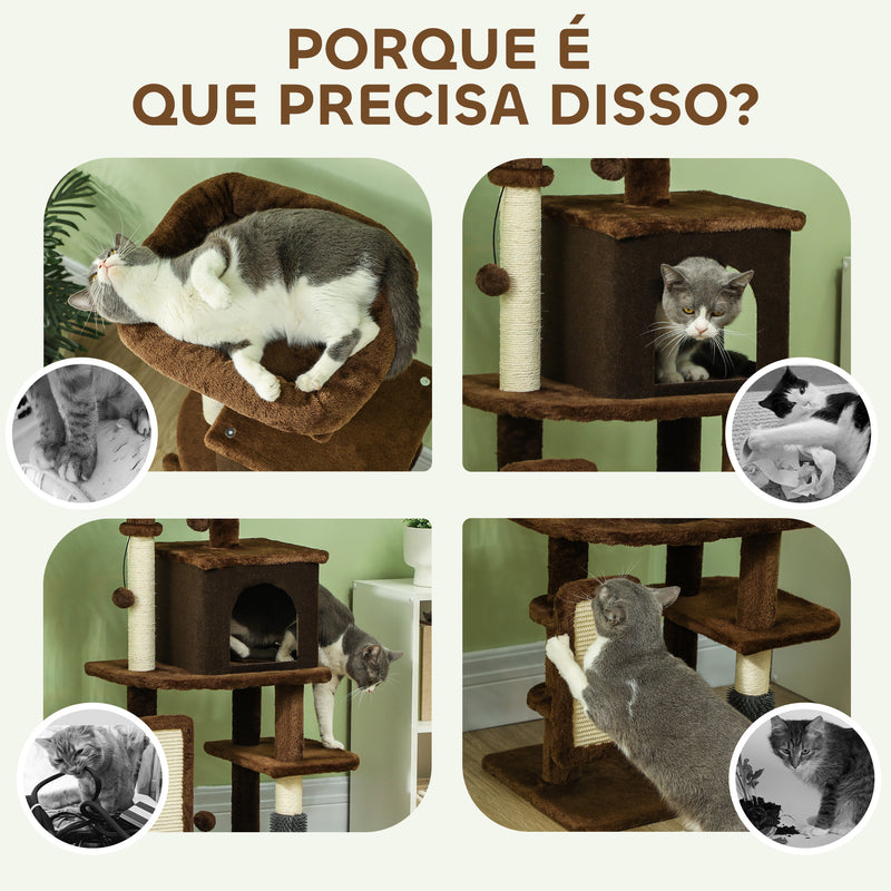 Arranhador para Gatos Grande Altura 104 cm Arranhador para Gatos com Plataformas Postes com Escova Bolas Suspensas e Almofadas para Arranhar Marrom