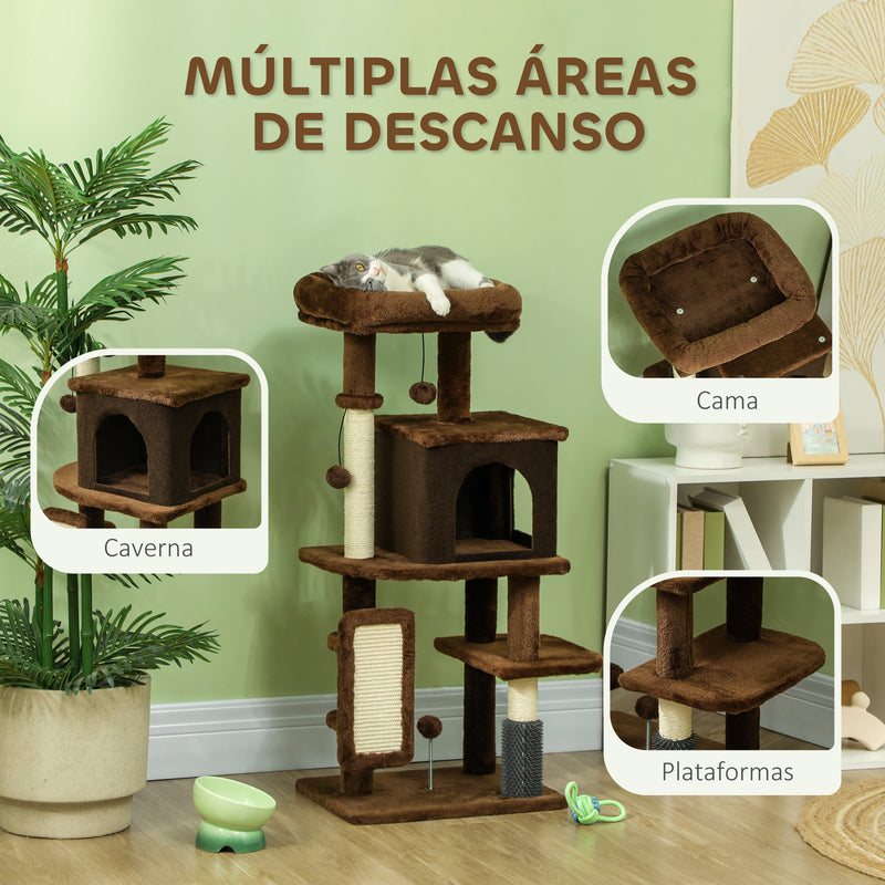 Arranhador para Gatos Grande Altura 104 cm Arranhador para Gatos com Plataformas Postes com Escova Bolas Suspensas e Almofadas para Arranhar Marrom