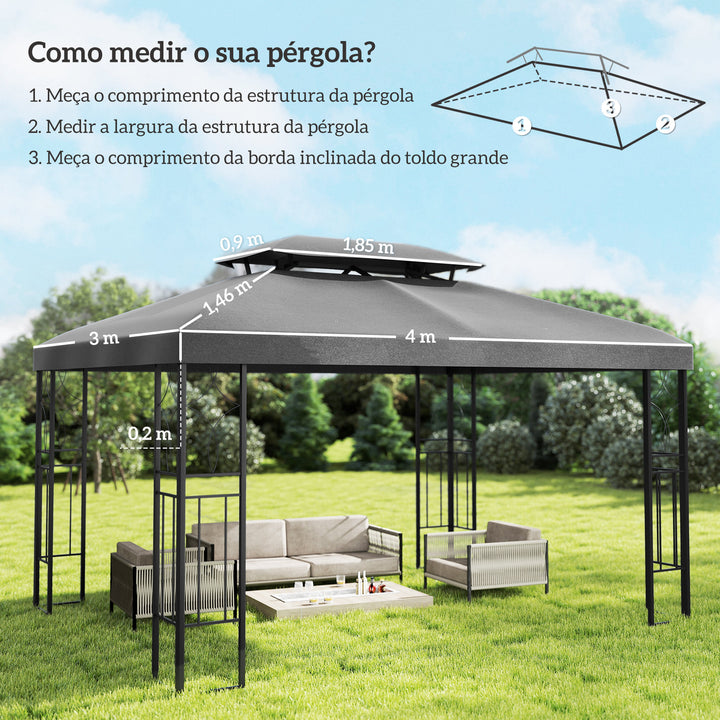 Teto de Reposição para Pérgola 4x3 m Cobertura Substituição Teto Duplo 10 Orifícios Drenagem Proteção UV Apenas Teto Cinzento Escuro