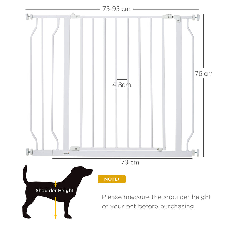 Barreira de Segurança para Cães Extensível para Escadas e Portas 75-95cm com Extensão de 10 cm Montagem a Pressão Aço Altura 76 cm Branco