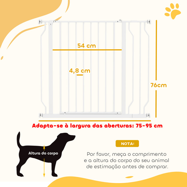 Barreira de Segurança para Cães Extensível para Escadas e Portas 75-95cm com Extensão de 10 cm Montagem a Pressão Aço Altura 76 cm Branco