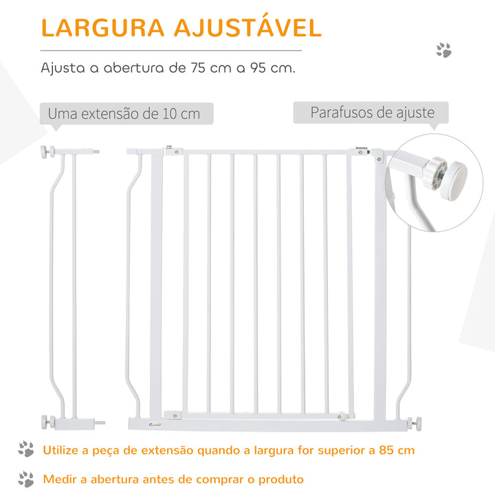 Barreira de Segurança para Cães Extensível para Escadas e Portas 75-95cm com Extensão de 10 cm Montagem a Pressão Aço Altura 76 cm Branco