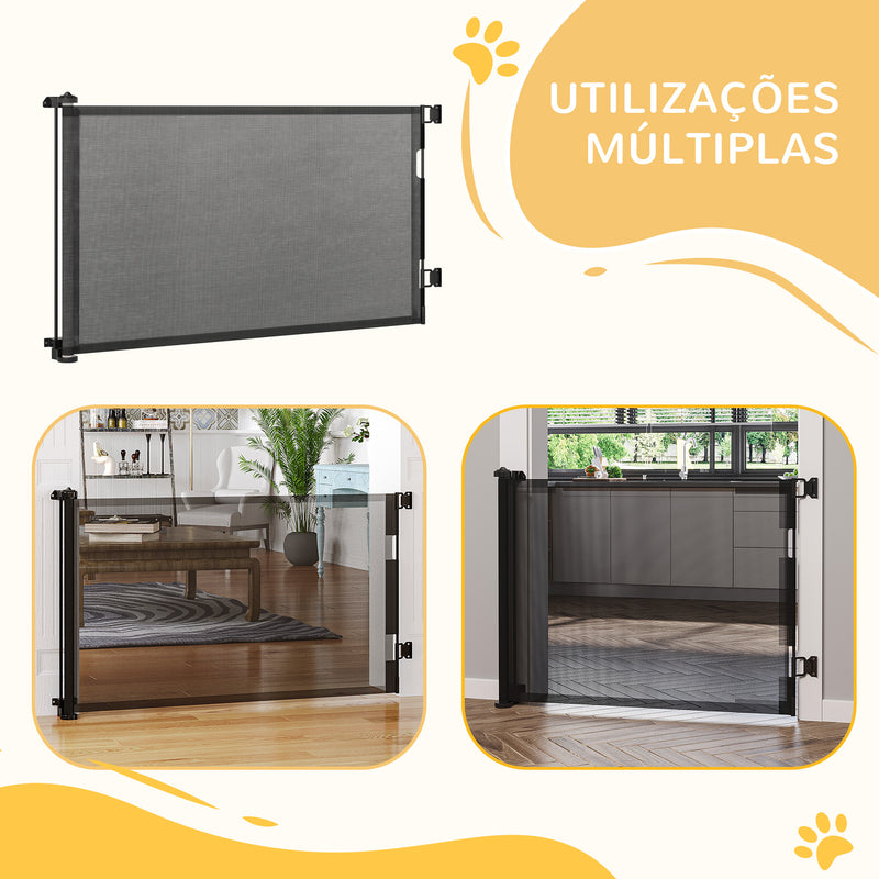 Barreira de Segurança para Cães Extensível 0-150cm Porta de Proteção Retrátil para Animais de Estimação Barreira para Escadas e Corredores Liga de Alumínio 165x10,7x85 cm Preto