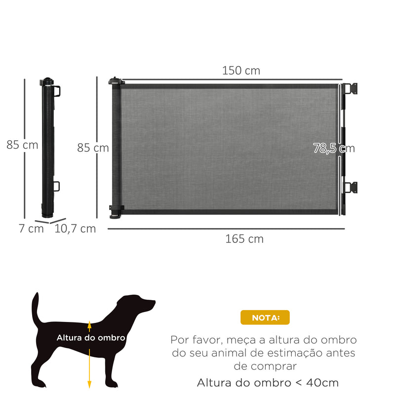 Barreira de Segurança para Cães Extensível 0-150cm Porta de Proteção Retrátil para Animais de Estimação Barreira para Escadas e Corredores Liga de Alumínio 165x10,7x85 cm Preto