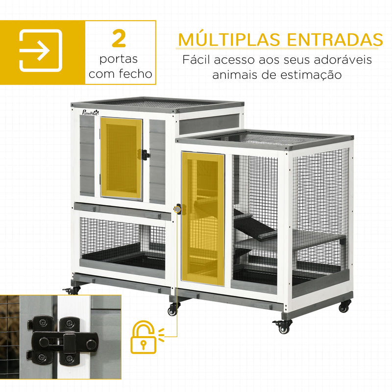 Coelheira de Madeira para Interior Gaiola para Coelhos e Animais Pequenos de 2 Níveis com 6 Rodas 2 Escadas 3 Bandejas Amovíveis e Área Aberta 110x50x86 cm Cinza