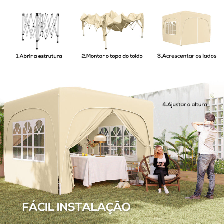 Tenda Dobrável Tenda 3x3 m com Painéis Laterais UPF50+ Tenda de Jardim com Altura Ajustável e Bolsa de Transporte para Campismo Festas Pátio Areia