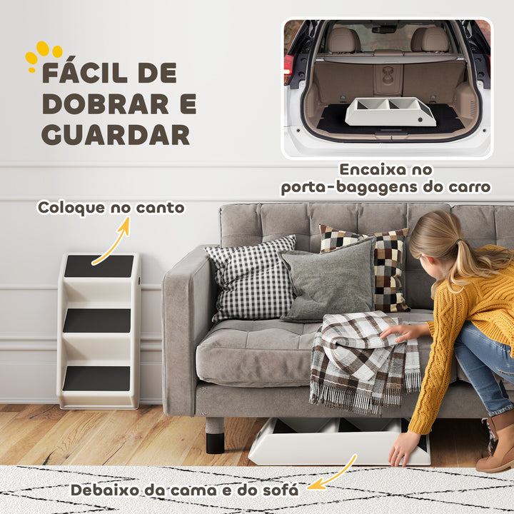 Escada Dobrável para Cães de 3 Degraus Portátil para Animais Mais Velhos Cães Pequenos Gatos para Cama Sofá 53x30,5x36,5 cm Creme