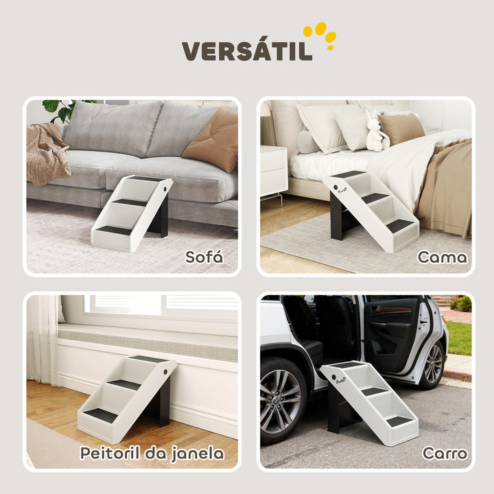 Escada Dobrável para Cães de 3 Degraus Portátil para Animais Mais Velhos Cães Pequenos Gatos para Cama Sofá 53x30,5x36,5 cm Creme