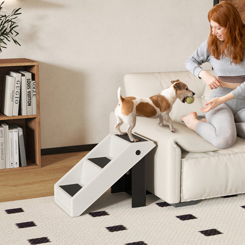 Escada Dobrável para Cães de 3 Degraus Portátil para Animais Mais Velhos Cães Pequenos Gatos para Cama Sofá 53x30,5x36,5 cm Creme