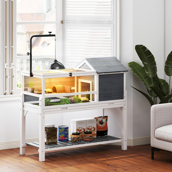 Casa para Tartarugas de Madeira Terrário para Répteis com Suporte para Lâmpada Ajustável Tampas Articuladas Bandeja Removível Prateleira de Armazenamento e Painéis Transparentes 124x55x109 cm Branco e Cinza