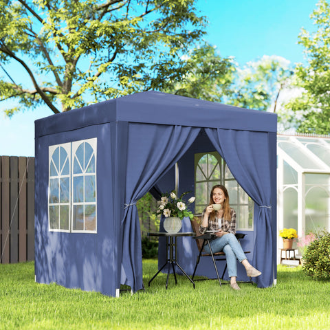 Tenda Dobrável 2x2 m Tenda de Jardim com 4 Paredes Laterais Tecido Oxford 2 Portas 2 Janelas e Bolsa de Transporte para Exterior Terraço Campismo Festas Azul