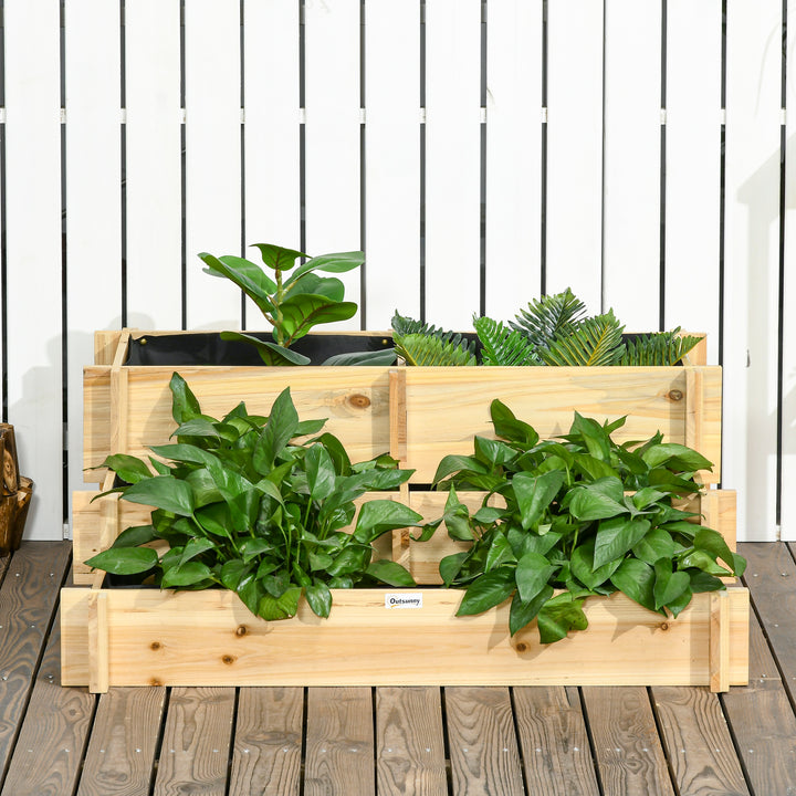 Caixa de Plantio de Madeira de 3 Níveis Horta Vertical em Escada com Malha Geotextil para Cultivos de Plantas Flores para Jardim Terraço Exterior 93x93x35 cm Natural