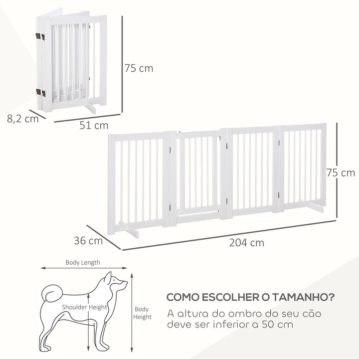 Barreira de Segurança para Cães em Madeira Dobrável para Escadas e Portas Veda para Cães Pequenos e Médios de 4 Painéis com Suporte de Pé para Interiores 204x36x75 cm Branco