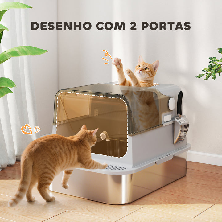 Caixa de Areia para Gatos em Aço Inoxidável XXL Caixa de Areia para Gatos Grandes com Tampa Basculante Laterais Altas Entrada Superior Pá e Anti-Fugas 70x50x46,5 cm Cinzento