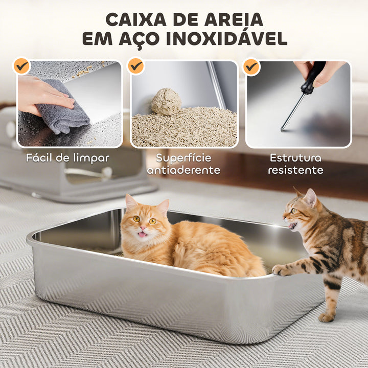 Caixa de Areia para Gatos em Aço Inoxidável XXL Caixa de Areia para Gatos Grandes com Tampa Basculante Laterais Altas Entrada Superior Pá e Anti-Fugas 70x50x46,5 cm Cinzento