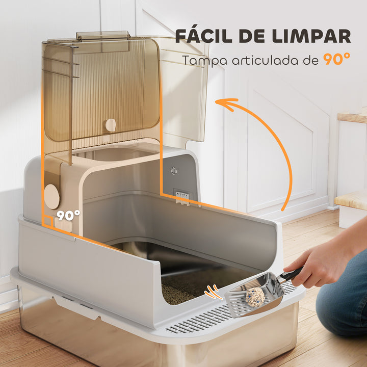 Caixa de Areia para Gatos em Aço Inoxidável XXL Caixa de Areia para Gatos Grandes com Tampa Basculante Laterais Altas Entrada Superior Pá e Anti-Fugas 70x50x46,5 cm Cinzento