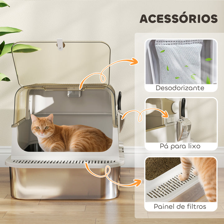 Caixa de Areia para Gatos em Aço Inoxidável XXL Caixa de Areia para Gatos Grandes com Tampa Basculante Laterais Altas Entrada Superior Pá e Anti-Fugas 70x50x46,5 cm Cinzento