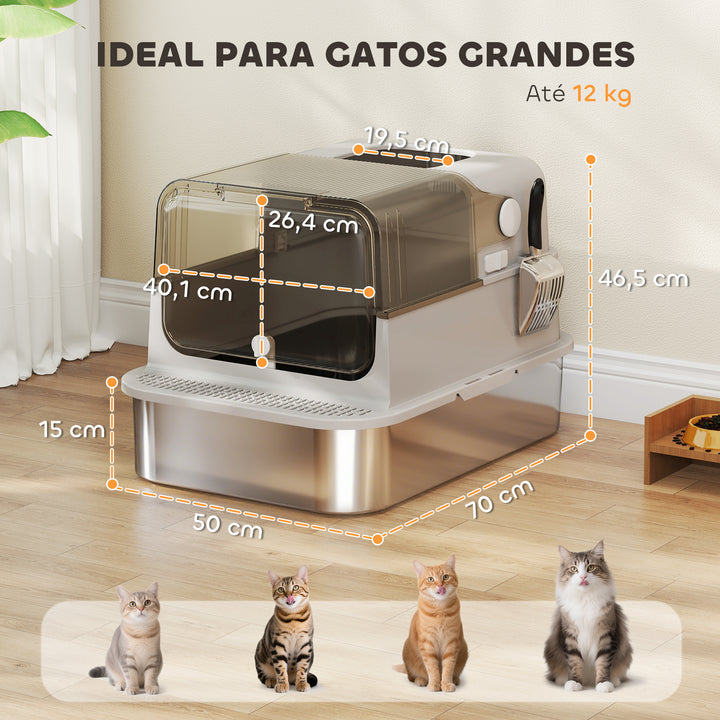 Caixa de Areia para Gatos em Aço Inoxidável XXL Caixa de Areia para Gatos Grandes com Tampa Basculante Laterais Altas Entrada Superior Pá e Anti-Fugas 70x50x46,5 cm Cinzento