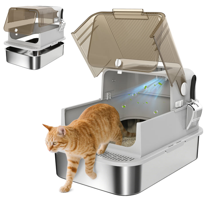 Caixa de Areia para Gatos em Aço Inoxidável XXL Caixa de Areia para Gatos Grandes com Tampa Basculante Laterais Altas Entrada Superior Pá e Anti-Fugas 70x50x46,5 cm Cinzento