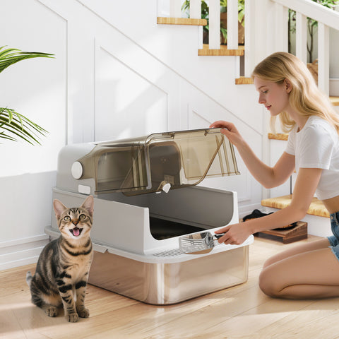 Caixa de Areia para Gatos em Aço Inoxidável XXL Caixa de Areia para Gatos Grandes com Tampa Basculante Laterais Altas Entrada Superior Pá e Anti-Fugas 70x50x46,5 cm Cinzento