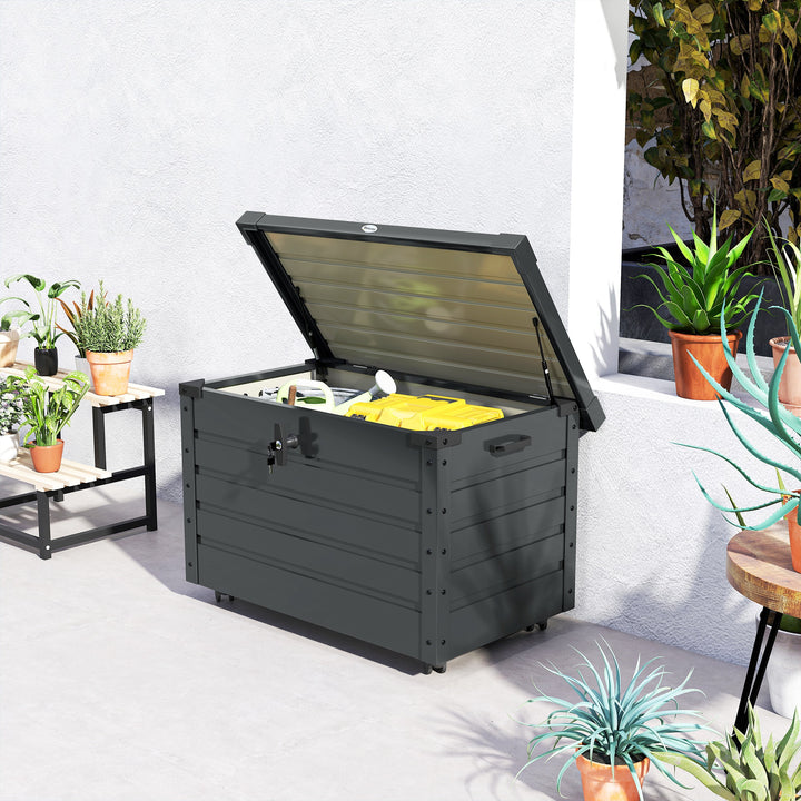 Baú de Exterior 295 L Baú de Armazenamento de Aço Galvanizado com 4 Rodas 2 Pegas e 1 Fechadura com Chave para Jardim Pátio 100x62x65 cm Cinza Escuro