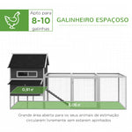 Galinheiro de Exterior Gaiola de Madeira Grande para 8-10 Galinhas com 2 Ninhos Teto Asfaltico Bandeja Amovível e Rampa 347x160x150 cm Cinza e Branco