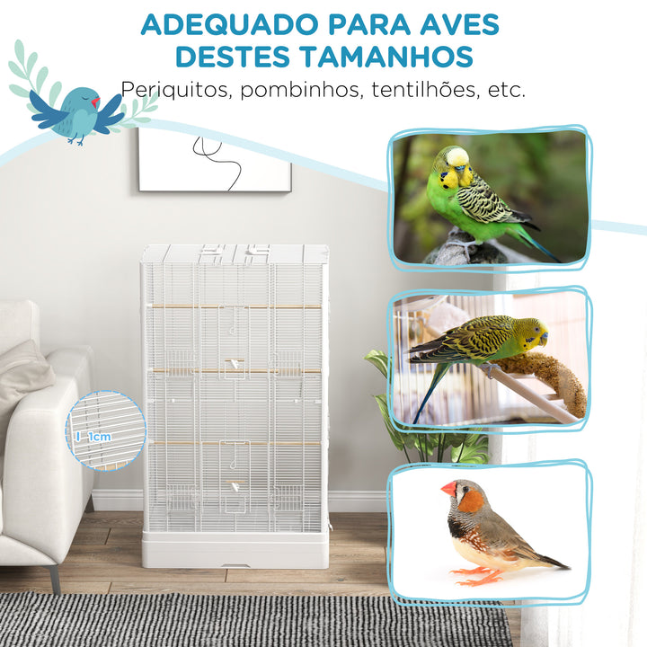 Gaiola para Pássaros 61x36,5x98 cm Gaiola para Aves com Portas Poleiros Bandeja Removível Caixas de Comida e Alças para Canários Periquitos Branco