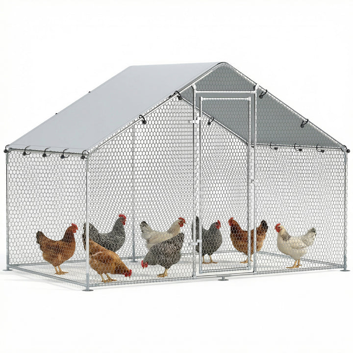 Galinheiro para Exterior 3x1,7x1,9 cm Galinheiro de Aço Galvanizado com Cobertura Anti UV e Impermeável Gaiola para 5-8 Galinhas Prata