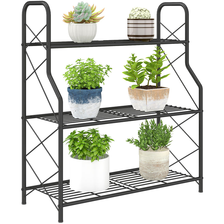 Suporte para Plantas de 3 Níveis para Interior e Exterior Estante Metálica com Pés Ajustáveis e Alças Resistente e Estável para Vasos Jardim Varanda Preto