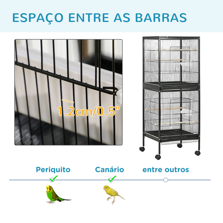 Gaiola para Pássaros com Rodas Gaiola Grande de 2 Níveis com Bandejas Removíveis Portas Comedouros Poleiros para Canários Periquitos 51,5x50x140 cm Preto
