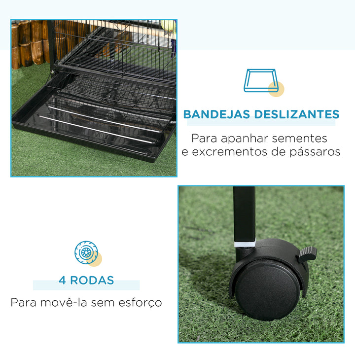 Gaiola para Pássaros com Rodas Gaiola Grande de 2 Níveis com Bandejas Removíveis Portas Comedouros Poleiros para Canários Periquitos 51,5x50x140 cm Preto